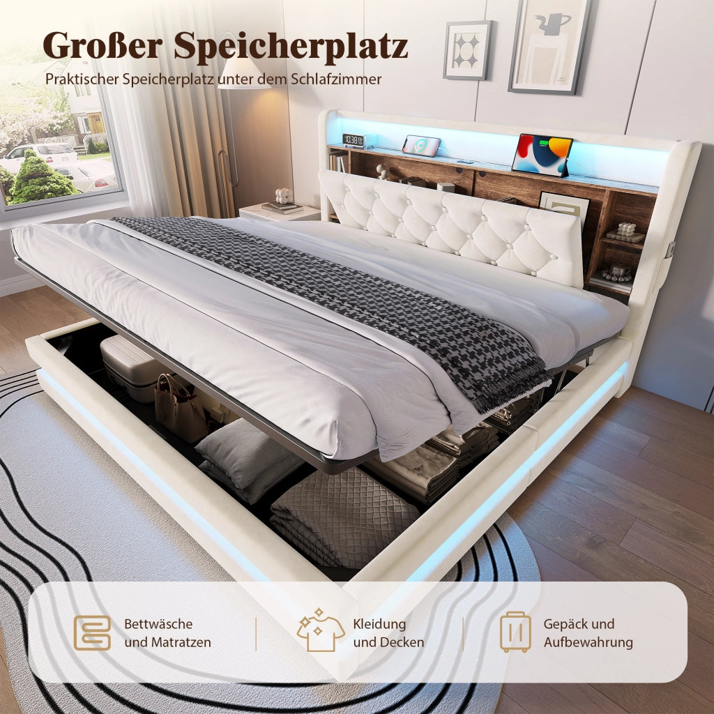 Letto matrimoniale 180x200 cm con contenitore idraulico; LED; 2 USB e Type-C; velluto beige