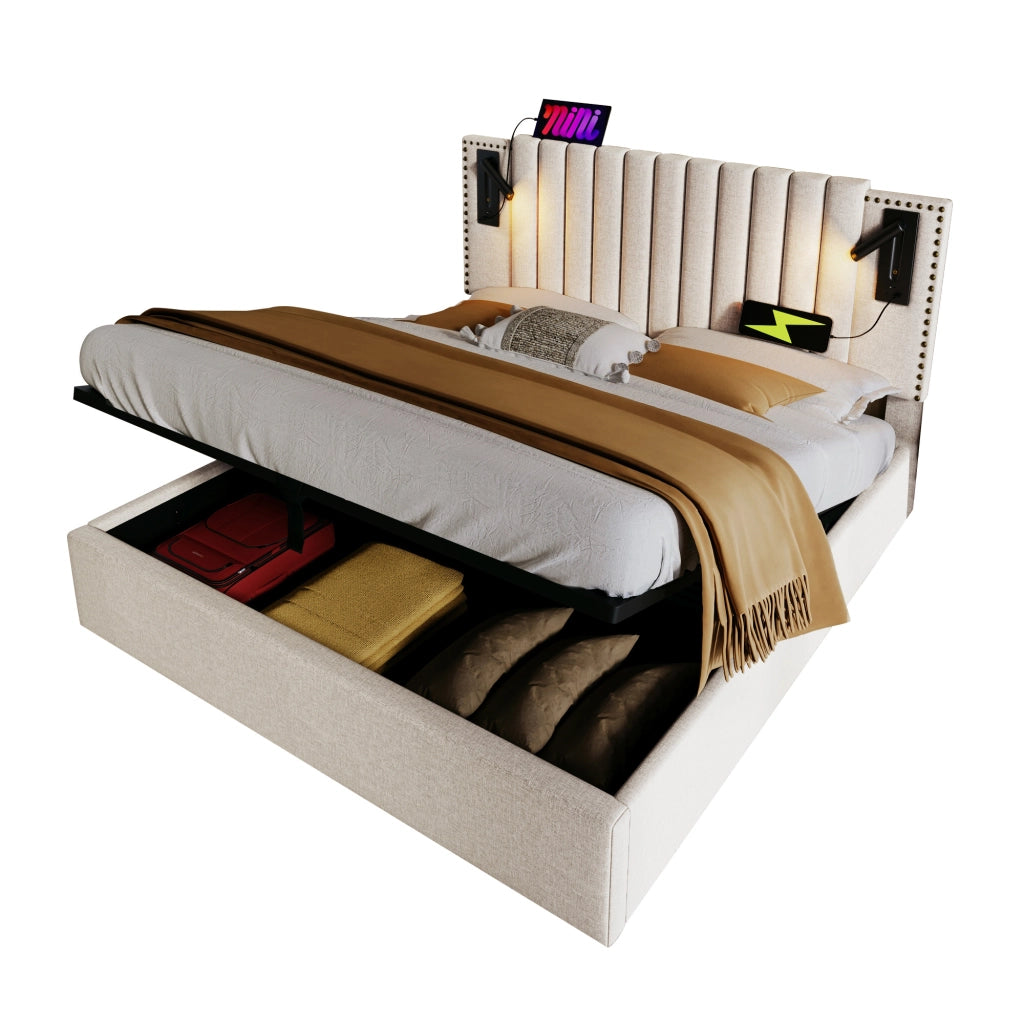 Letto contenitore imbottito beige 140x200 cm con luce da lettura