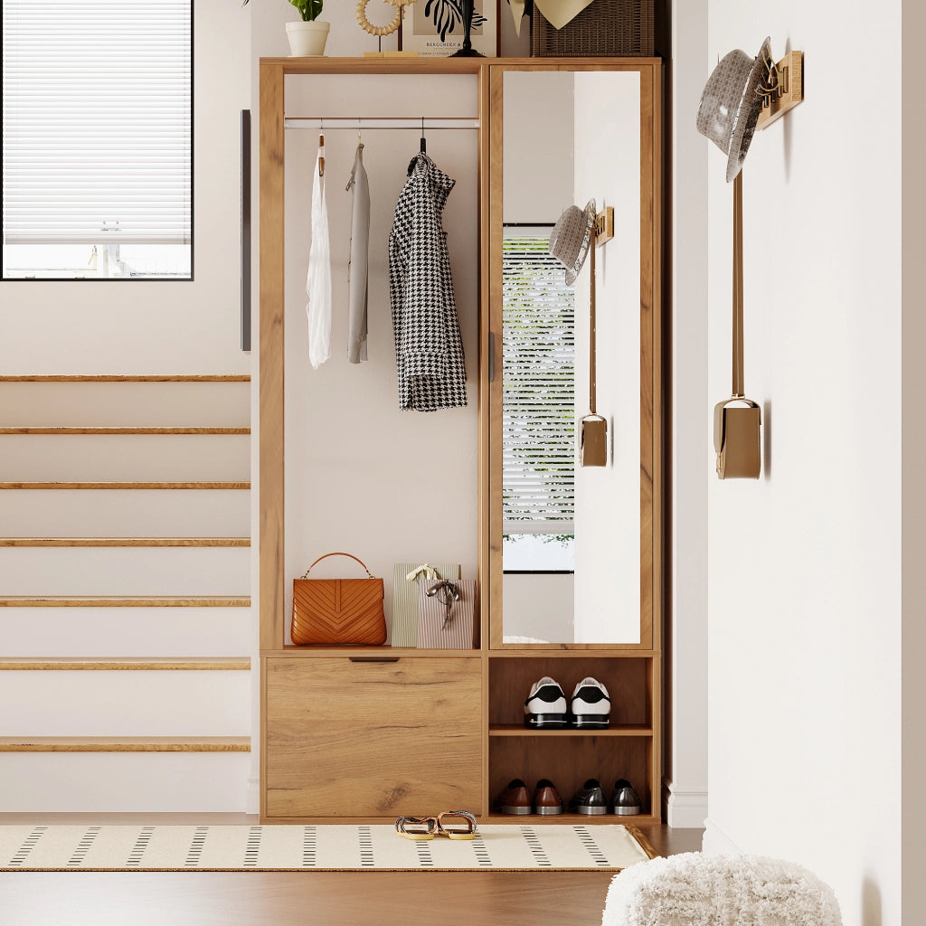 Mobile da ingresso con specchio, 2 armadietti, appendiabiti aperto e 9 vani, in truciolare naturale, 100 × 33 × 190 cm