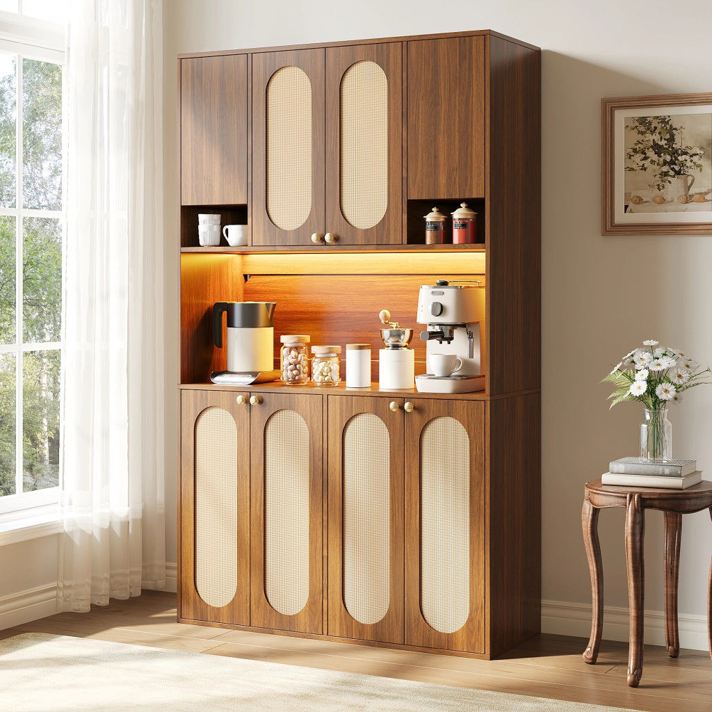 Credenza alta con 8 ante e vano bar aperto con LED regolabile in MDF naturale per sala da pranzo e soggiorno 106 × 40 × 178 cm