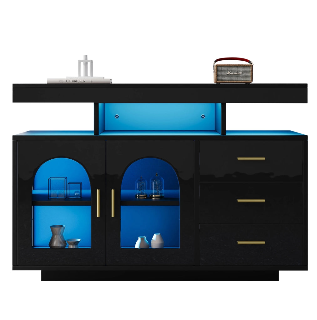 Madia buffet 120x40x80 cm con LED RGB; 3 cassetti e ante in acrilico nera HOMVRA