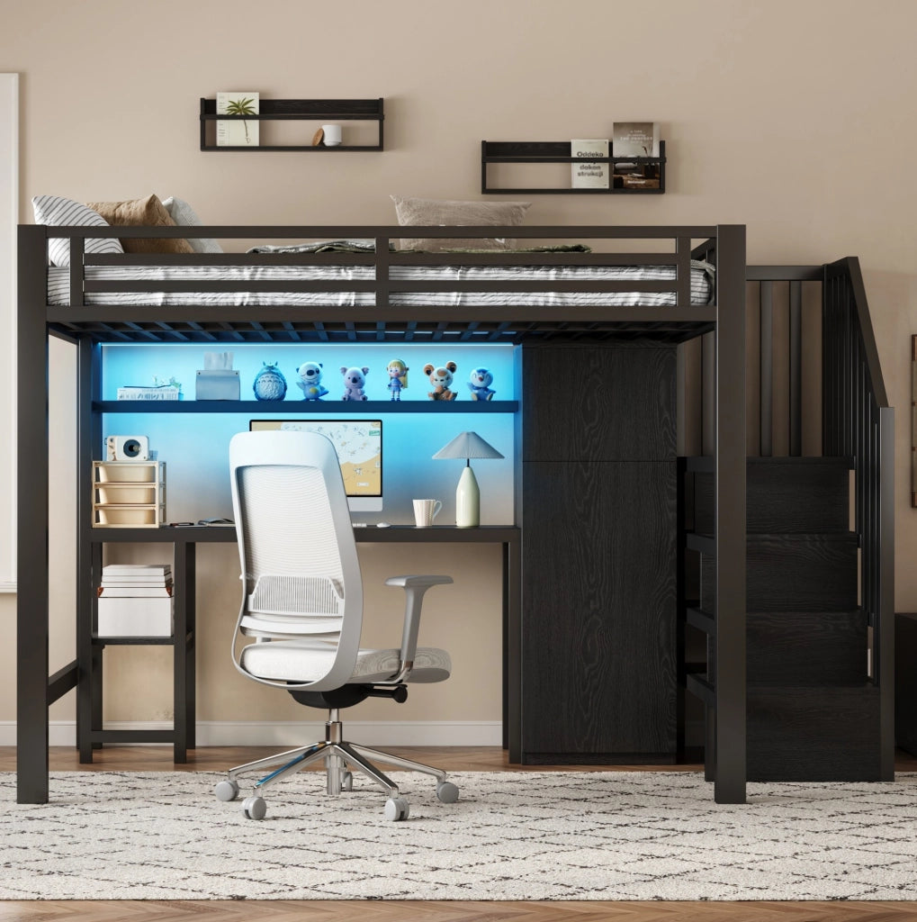 Letto a soppalco 140x200 cm con scrivania; armadio e LED in MDF e metallo nero