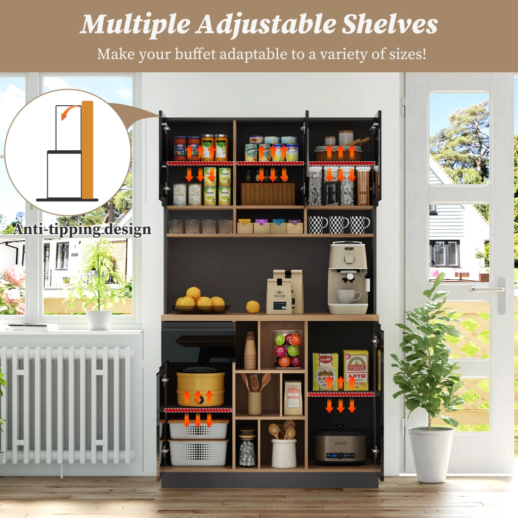 Mobile buffet da cucina con ripiani regolabili e cassetto; nero e naturale