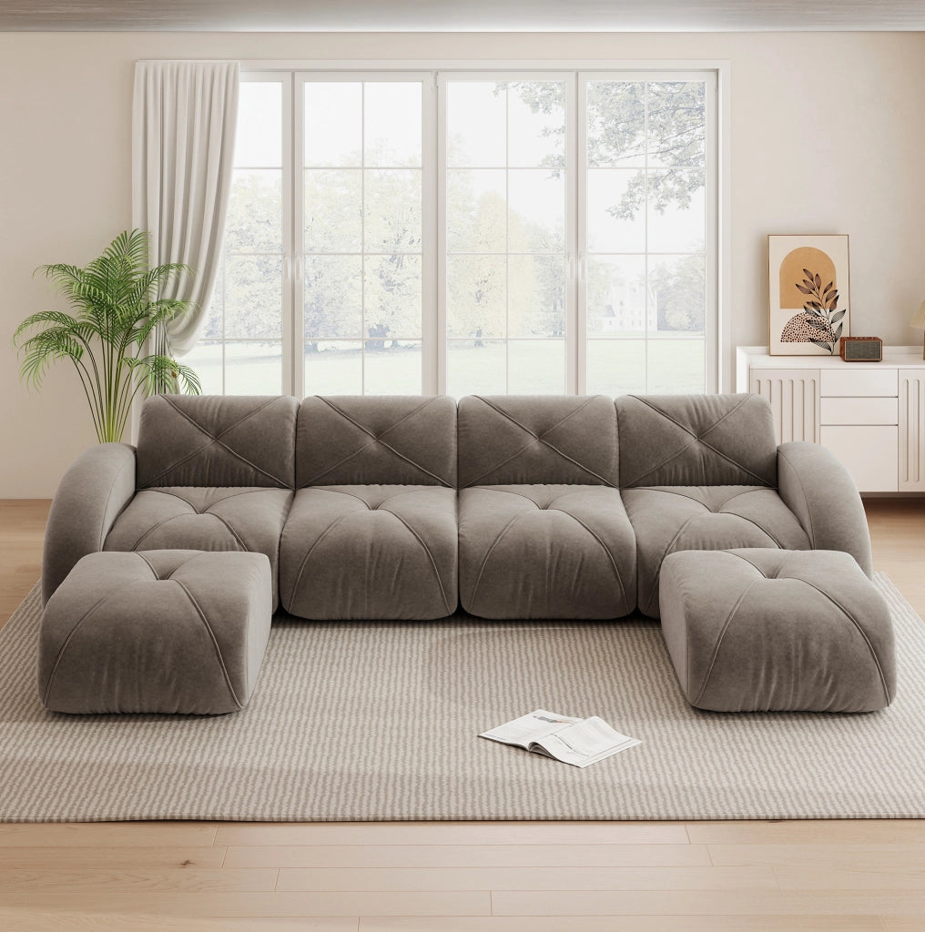 Divano modulare a forma di U senza struttura con 4 posti e 2 pouf in tessuto chenille taupe