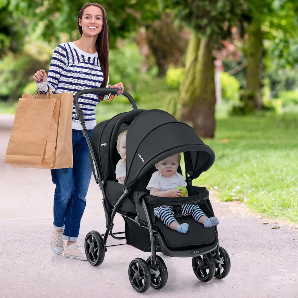 Passeggino Doppio Pieghevole per Bambini, Passeggino Gemellare Pieghevole, con Seduta in Tandem e Tettuccio, Schienale Regolabile, Ruote Bloccabili e Antiurto, Portata Totale 30 kg (Nero)