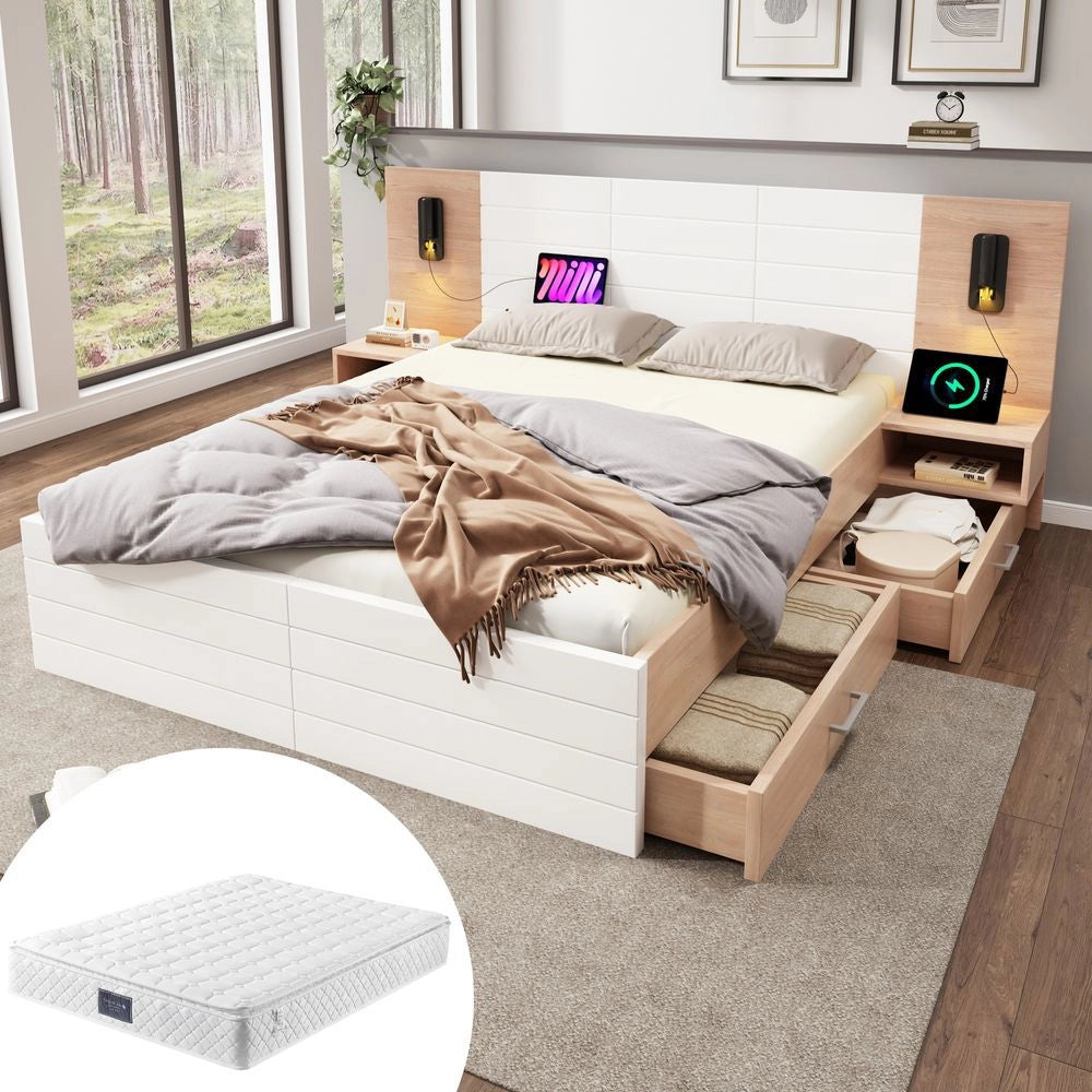 Letto matrimoniale con comodini - Xylo - 160x200 cm - Bianco - Luci di lettura e ricarica USB
