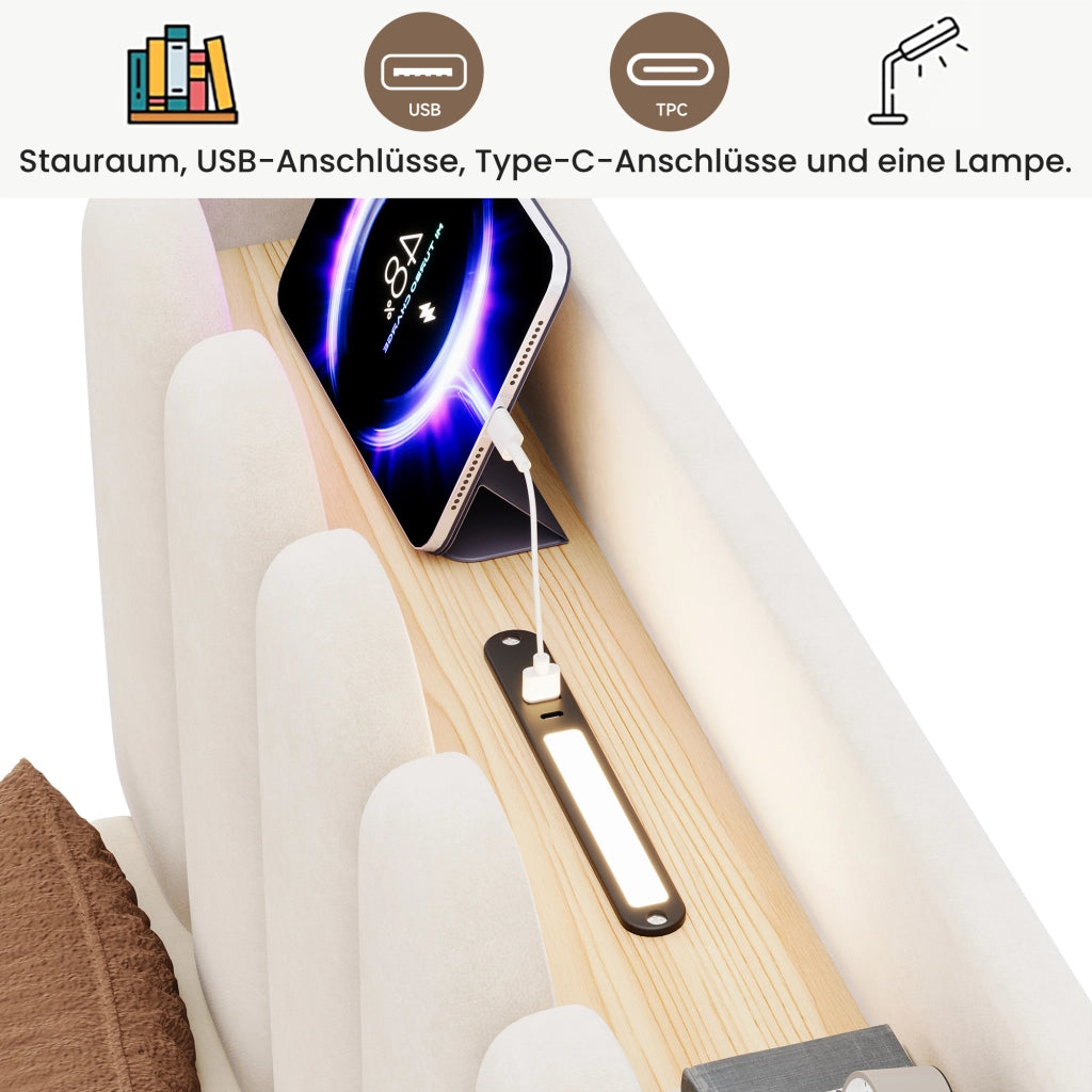 Letto imbottito per bambini in velluto 90 x 200 cm, letto singolo con luce da lettura, USB, Type-C, testiera trapuntata e rete a doghe, beige