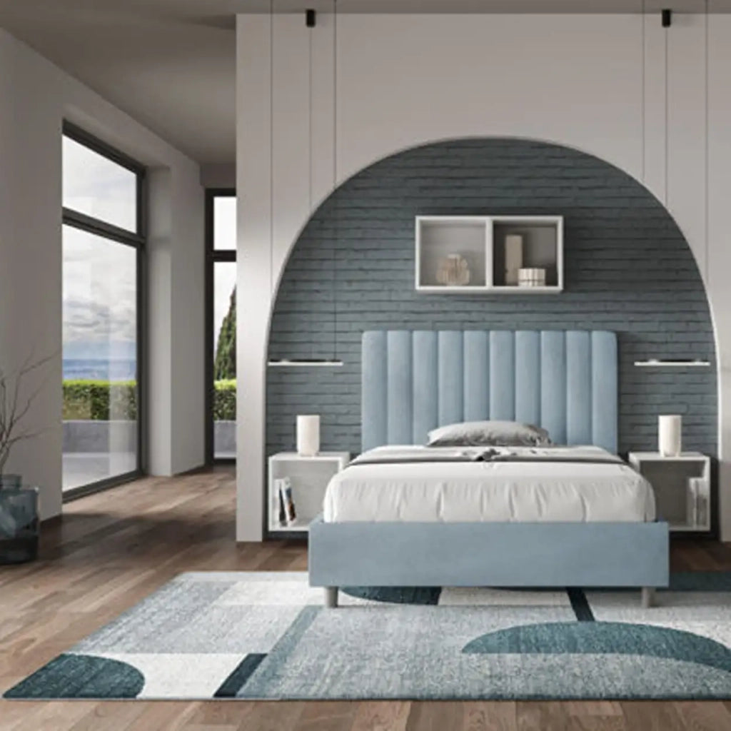Letto una piazza e mezza senza rete imbottito 120x210 microfibra azzurro Agueda