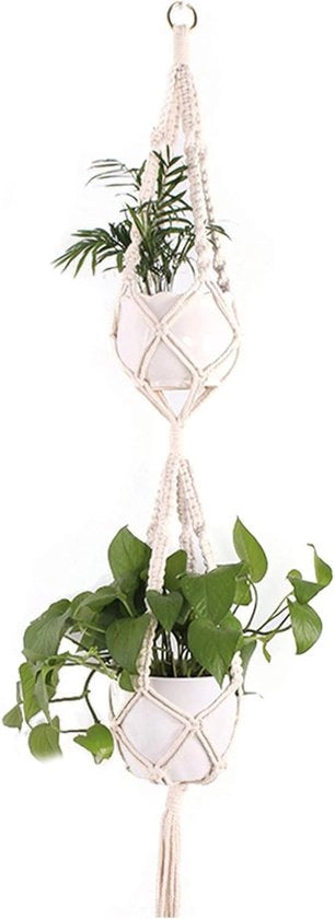 Hanger per piante a doppia struttura in macramé - contenitore per piante appeso per interni - decorazione boho per vasi fiorali - supporto per vasi fiorali per ambienti domestici e di lavoro
