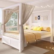 Letto a baldacchino in legno bianco 140x200 cm con struttura decorativa a doghe verticali