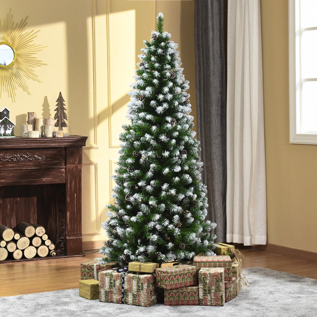 Albero di Natale Innevato 180 cm con 630 Rami e 37 Pigne, in Plastica e Metallo, Facile da Montare per Casa, Verde e Bianco