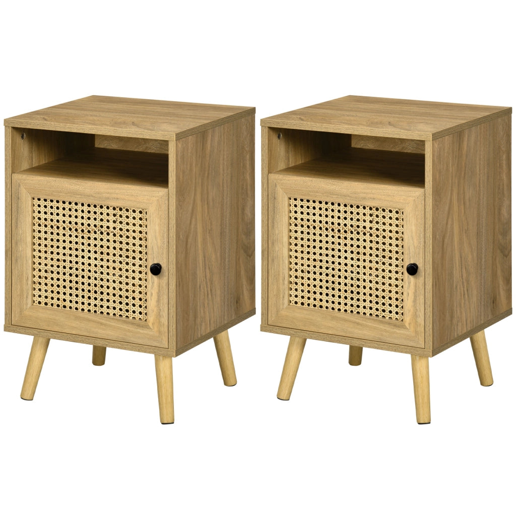 Set 2 comodini in stile boho con armadietto e ripiano aperto in truciolato rattan e MDF pratici e salvaspazio per casa 39x35x60 cm