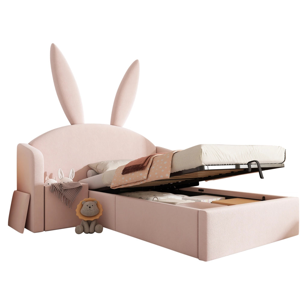 Letto imbottito per bambini 90x200 cm in velluto rosa con contenitore e comodino
