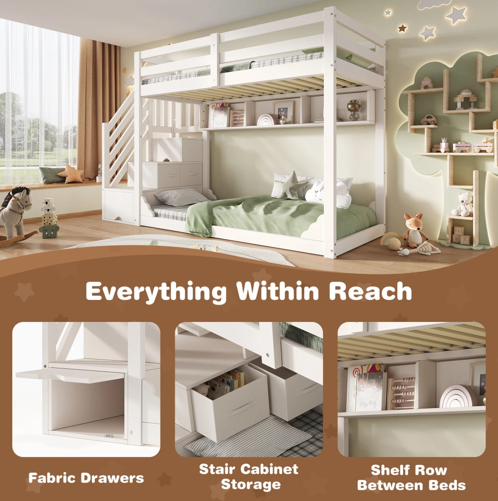 Letto a castello in legno bianco 90x200 cm per bambini con scala armadio e spazio contenitore, senza materasso