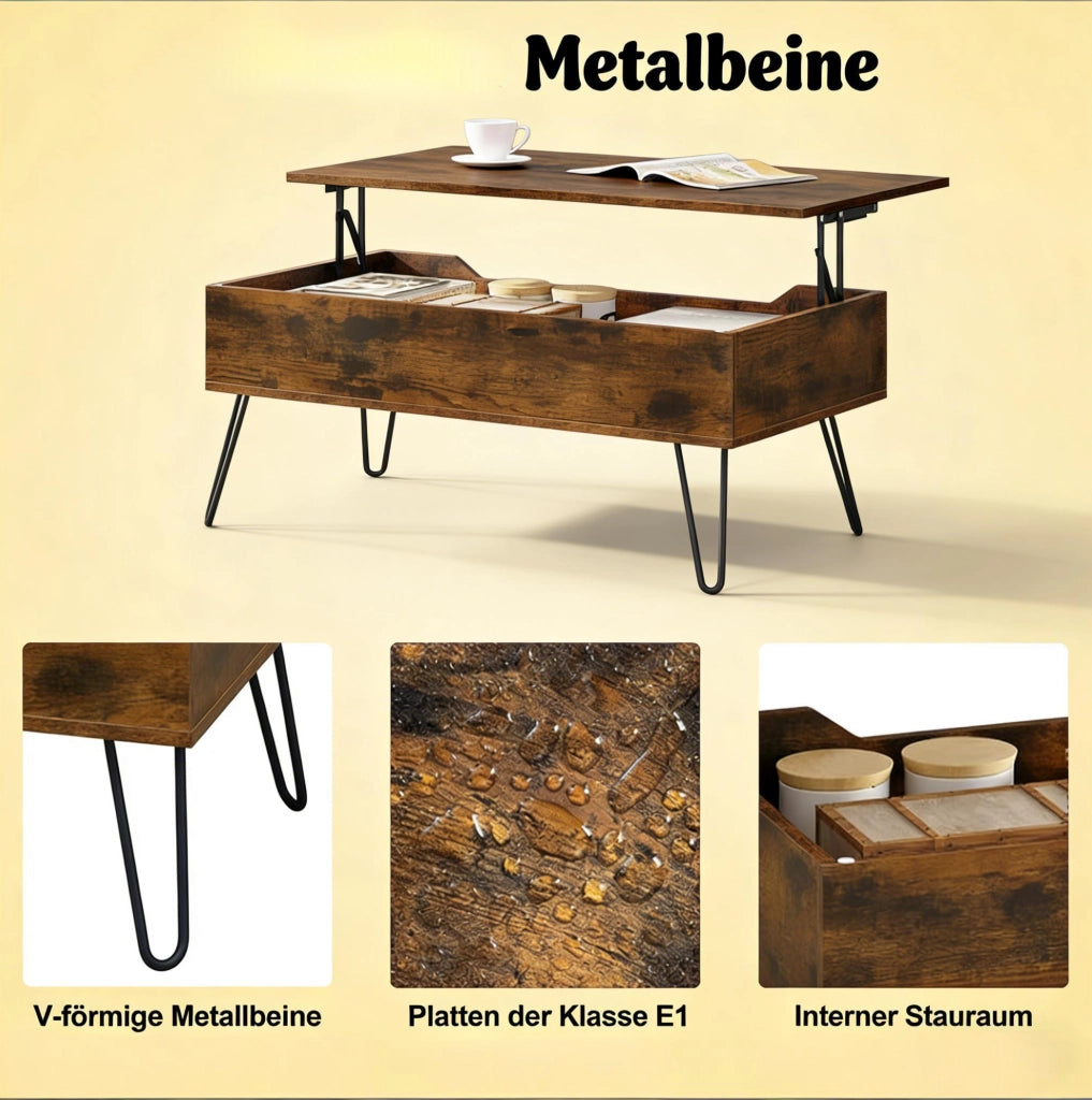 Tavolino da caffè elevabile 95 cm con vano contenitore; legno e metallo; marrone rustico