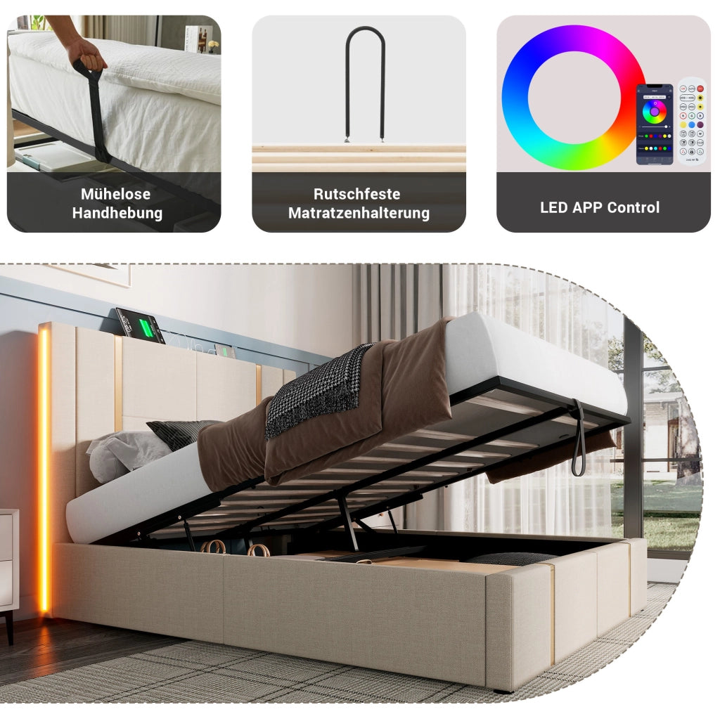 Letto imbottito beige 140 x 200 cm con LED, ricarica USB e Type-C