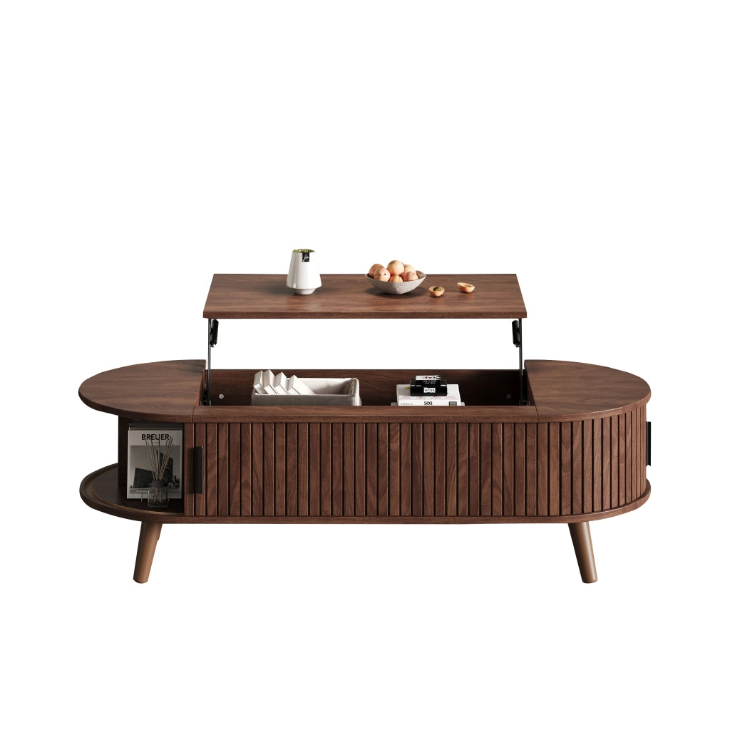 Tavolino da salotto elevabile con vano nascosto e 4 ripiani laterali, in MDF, noce, 120 × 50 × 39.5 cm