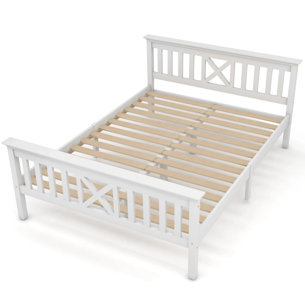 Letto matrimoniale in legno massiccio di pino bianco 140x200 cm con rete a doghe e testiera a X