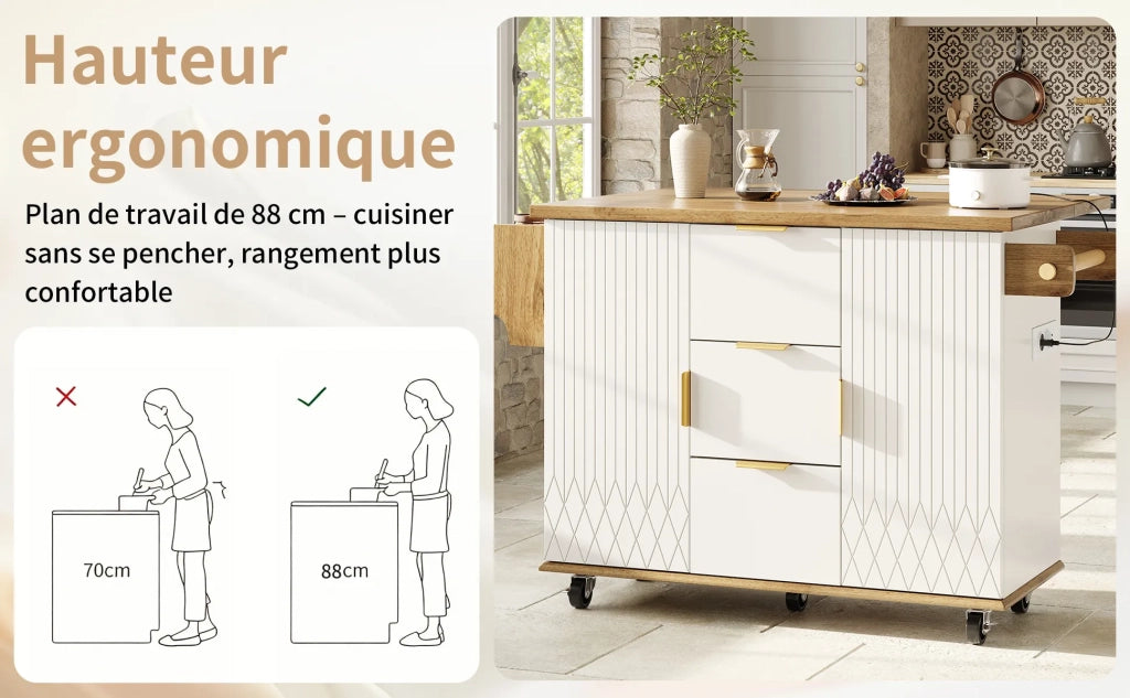 Carrello da cucina con piano di lavoro pieghevole e presa elettrica, mobile isola su ruote, bianco effetto legno, portata 70 kg