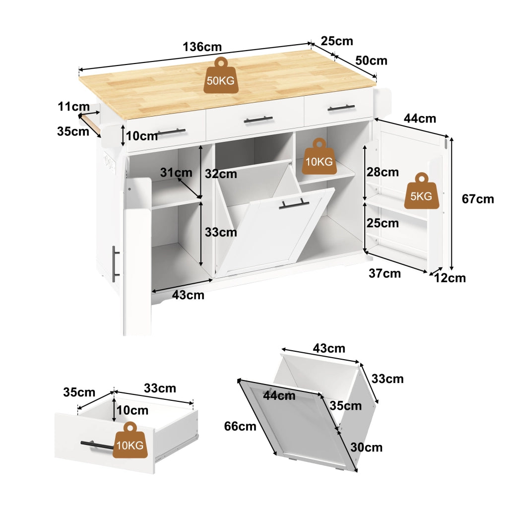 Isola da cucina mobile, carrello da cucina, credenza, piano di lavoro pieghevole, 3 cassetti, mobile con cestino dei rifiuti,, bianco e legno naturale