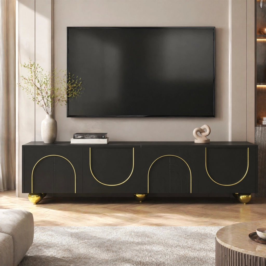 Mobile TV ULEVR 170x38x44 cm con 4 ante push-to-open e ripiani, nero e oro