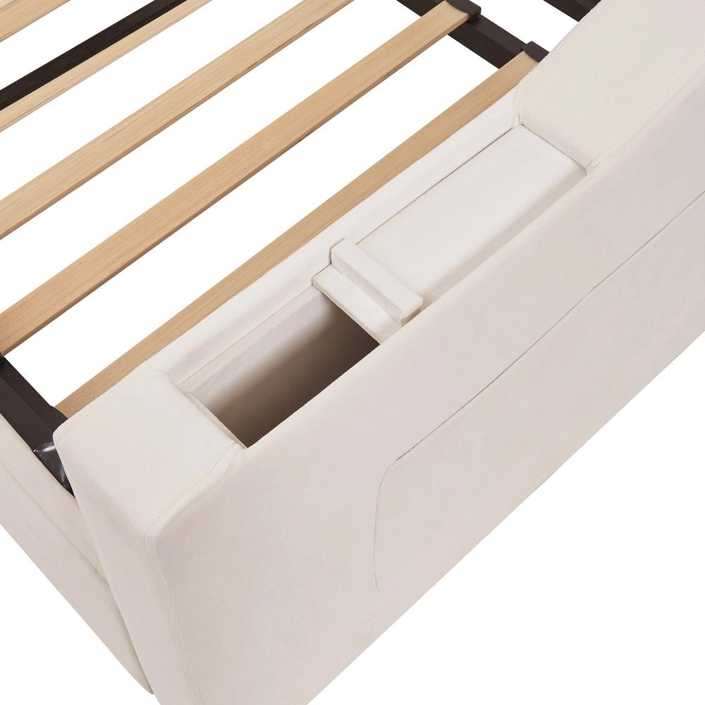 Letto Imbottito con Rete a Doghe e USB ¨C MINIMAL ¨C Velluto Beige 90x190 / 180x190