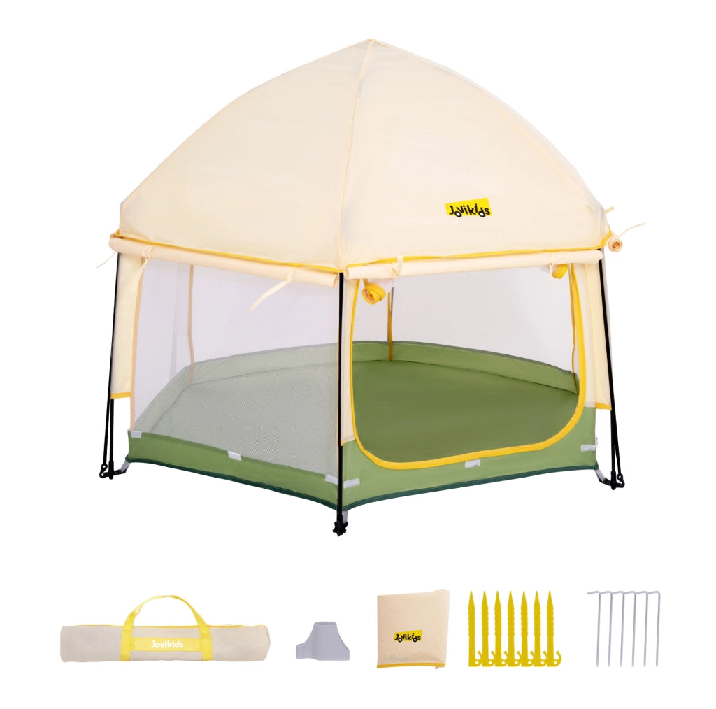 Box per bambini pop-up con tettuccio parasole 150x150x105 cm; verde/giallo
