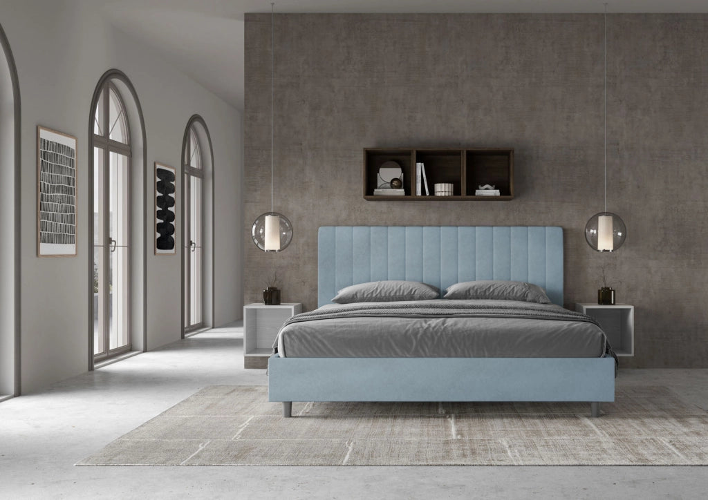 Letto Matrimoniale King Size 200x200 cm Senza Rete Imbottito in Microfibra Agueda Azzurro
