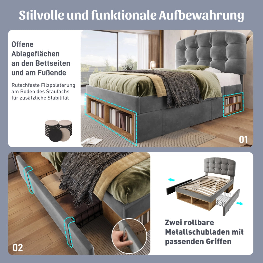 Letto singolo 90 × 200 cm con testiera regolabile; cassetti e vani contenitore; senza materasso; grigio