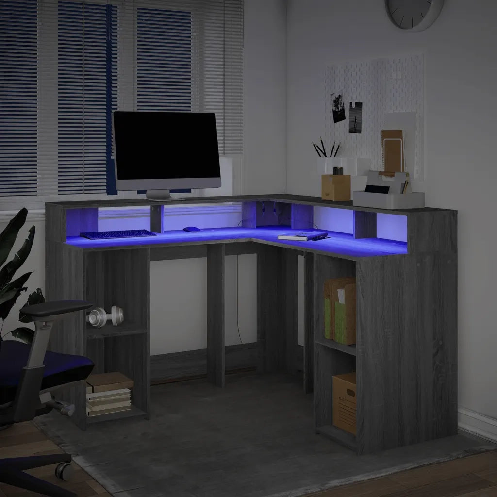 Scrivania con Luci LED Grigio Sonoma 130x130x91cm in Truciolato