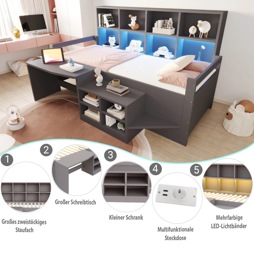 Letto a soppalco 90 × 200 cm con scrivania contenitori LED USB presa elettrica e scala in legno grigio