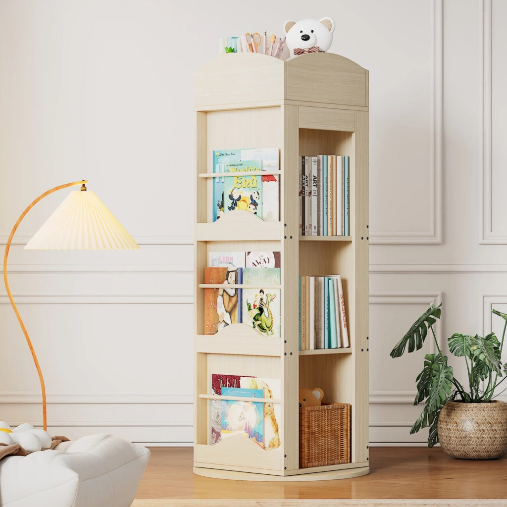 Libreria girevole a 360° con 4 ripiani e vani laterali in MDF naturale 142 × 63 × 63 cm