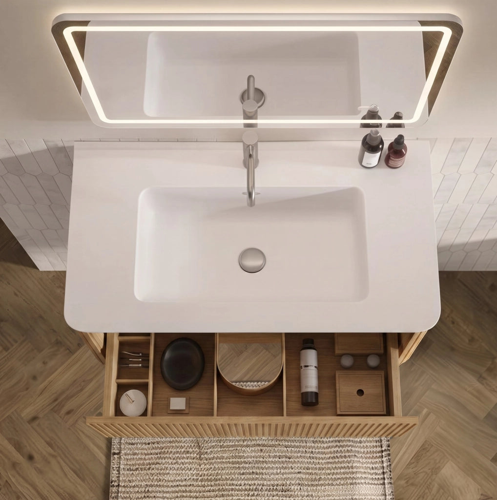 Set mobili bagno rovere con lavabo in Solid Surface e colonna