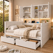 Letto per bambini 90x200 cm con LED; USB e USB-C; presa; cassetti e ripiani in MDF bianco