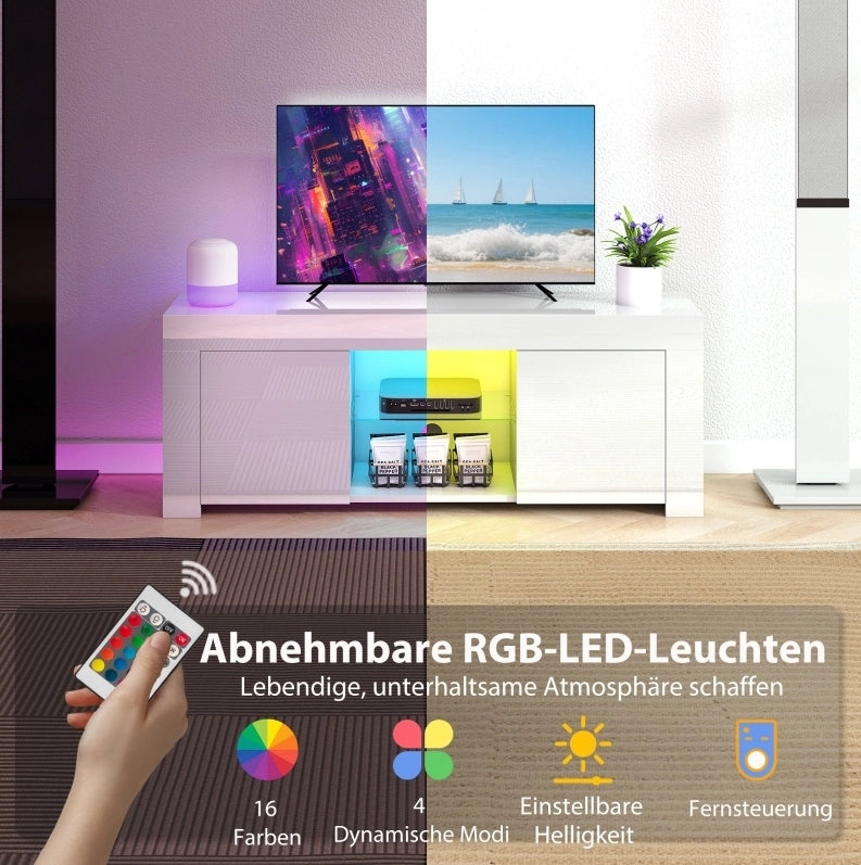 Mobile TV con LED RGB, ripiani in vetro, bianco lucido