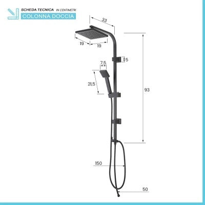 Colonna doccia regolabile H 93 in acciaio nero opaco soffione 19x19