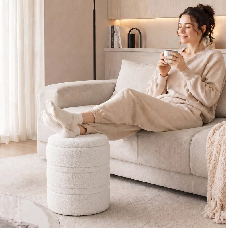 Pouf contenitore rotondo in tessuto Sherpa bianco, 33 L, per soggiorno e camera da letto