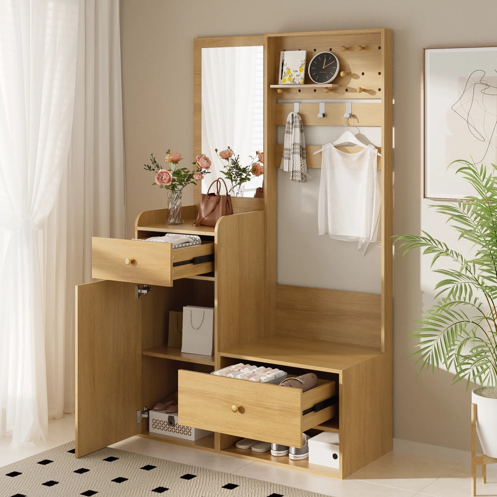 Mobile da ingresso con specchio, 2 cassetti, armadio e ripiani aperti, ganci removibili, color legno, 105 × 38 × 180 cm