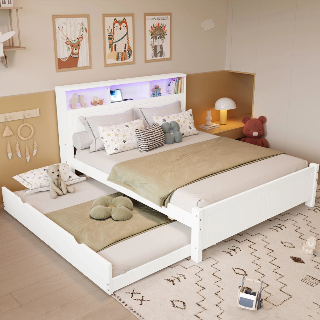 Letto matrimoniale con letto estraibile, testiera con presa di ricarica, luci LED e contenitore, bianco, 214x128,5x91,5 cm