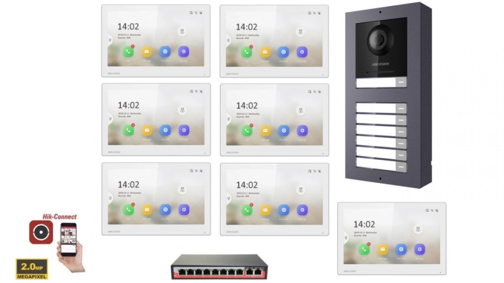 KIT Videocitofono IP Poe Hikvision 7 appartamenti Monitor 7 pollici Bianco WIFI smart telecamera 2 mpx