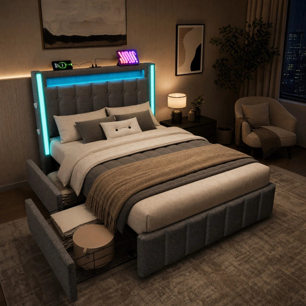 Letto singolo 90x200 cm con USB, Type-C, LED e 2 cassetti