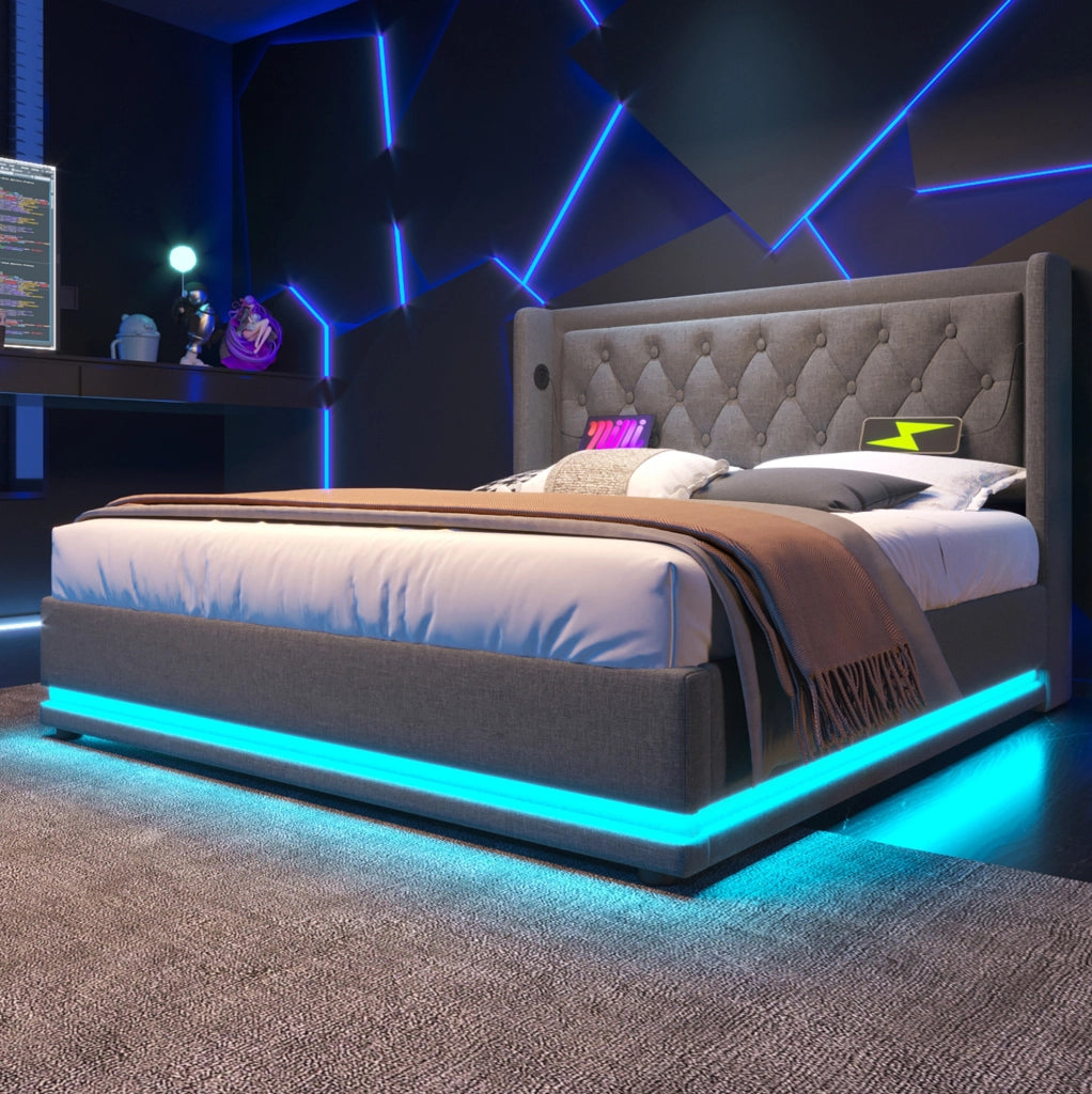 Letto matrimoniale imbottito 160x200 cm con contenitore, LED e ricarica USB-C