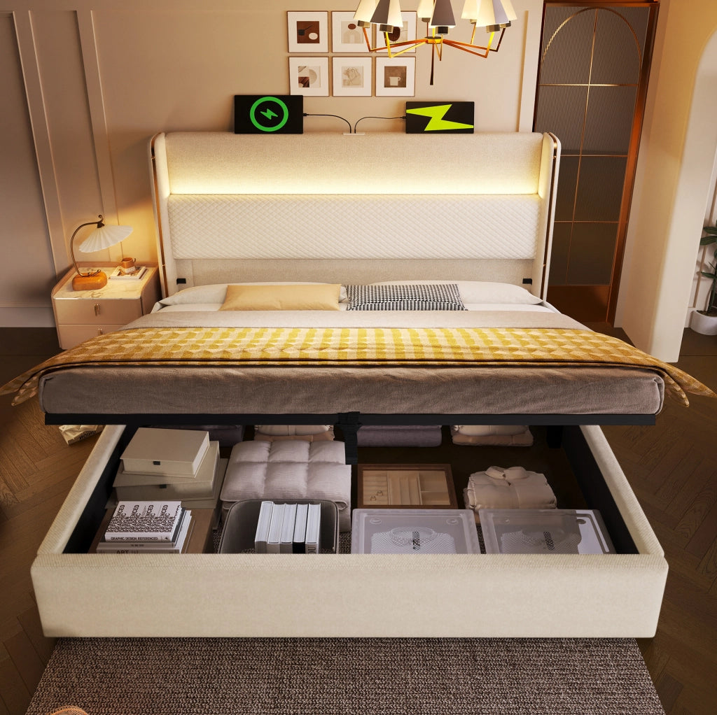 Letto matrimoniale beige 140 x 200 cm con contenitore, LED, ricarica e materasso H3