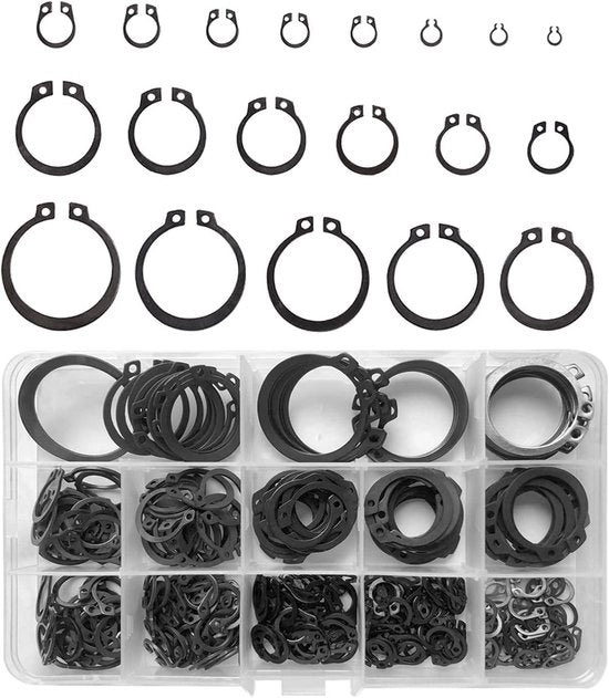 Assortimento di borghetti metallici con 19 tipi di E-clips (3-32 mm)