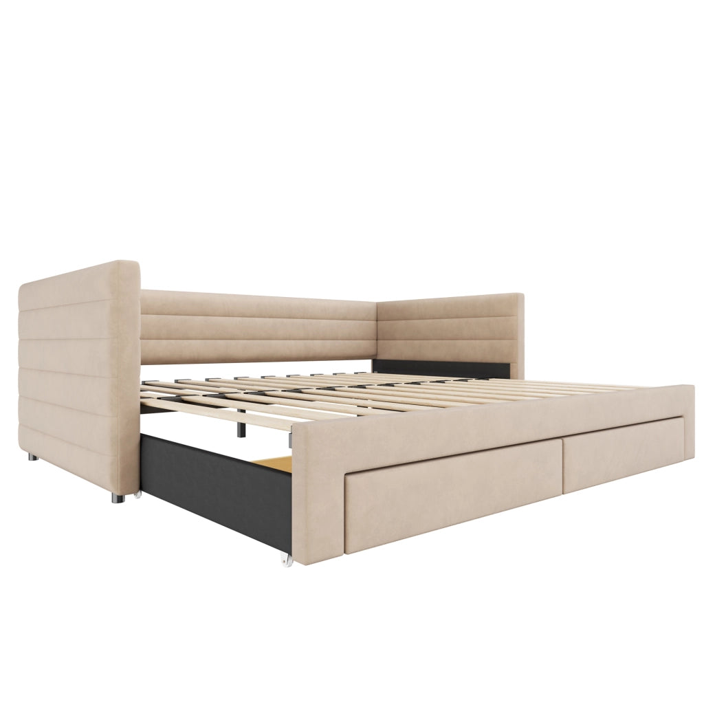 Letto imbottito 3-in-1 con 2 cassetti; divano e letto estraibile 90x190/180x190 cm; beige