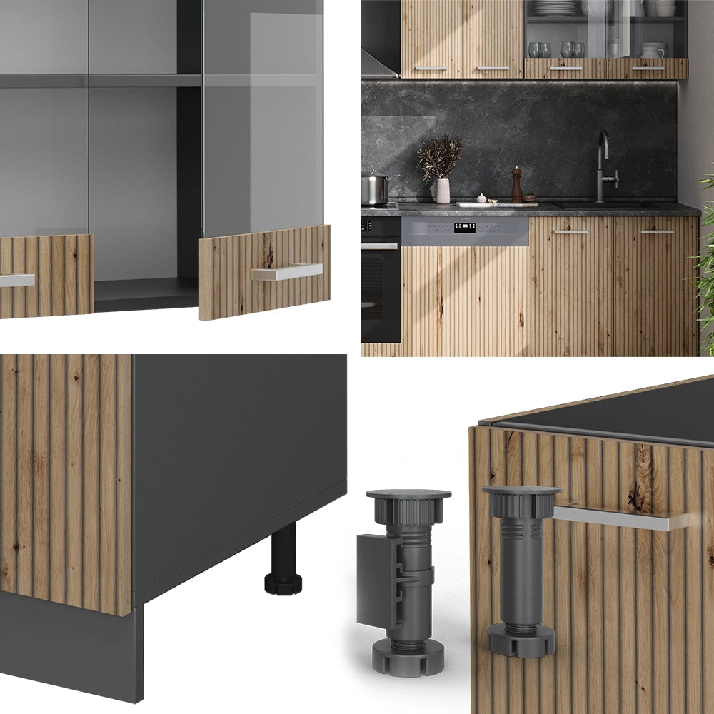 Cucina componibile R-Line Rovere artigianale/Antracite 300 cm, PL Marmo Vicco