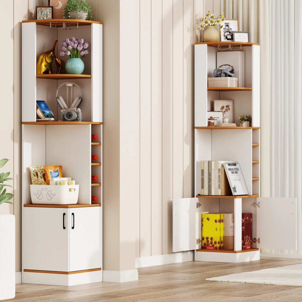 Mobile bar angolare con portabicchieri e 4 vani per vino armadietto inferiore in MDF bianco 40 × 40 × 182 cm