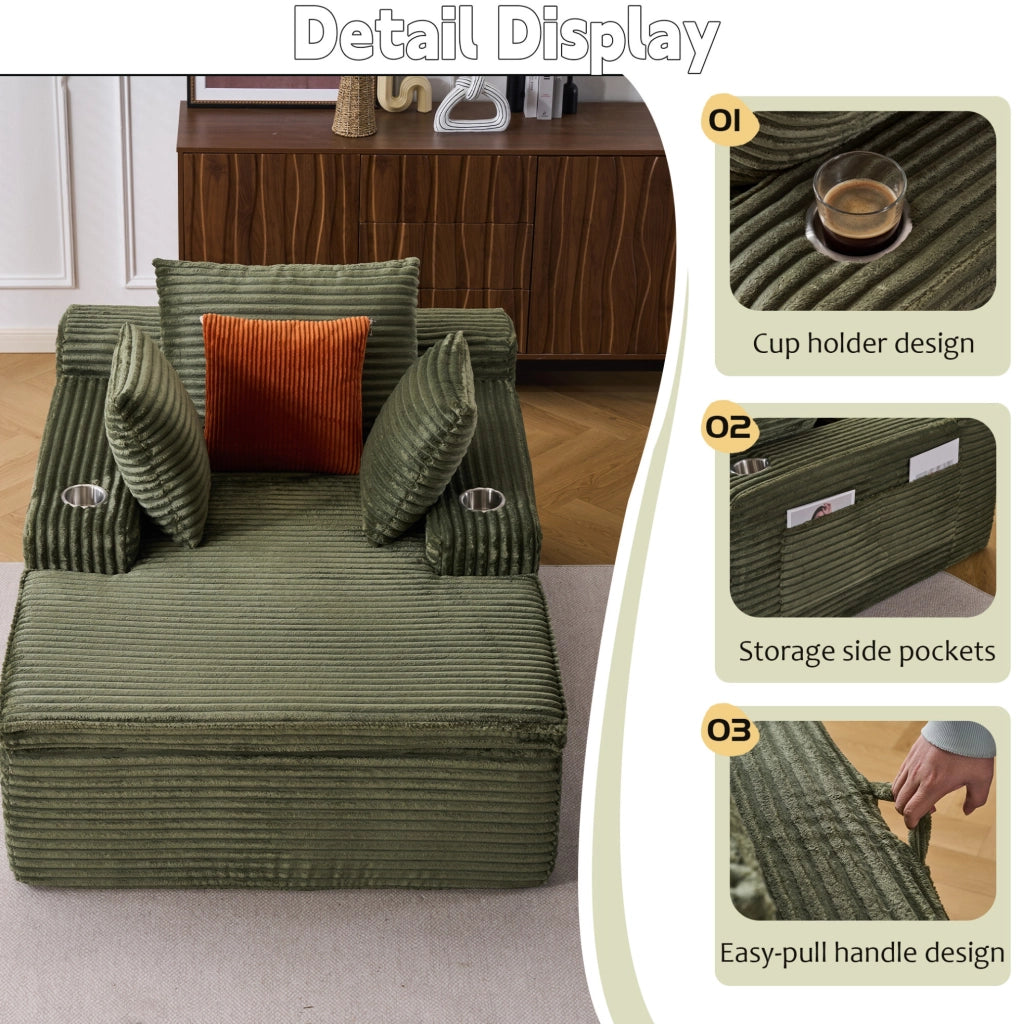 Divano da pavimento ULEVR con chaise longue, 3 cuscini, portabicchieri e cuscino coperta 2 in 1, velluto a coste verde