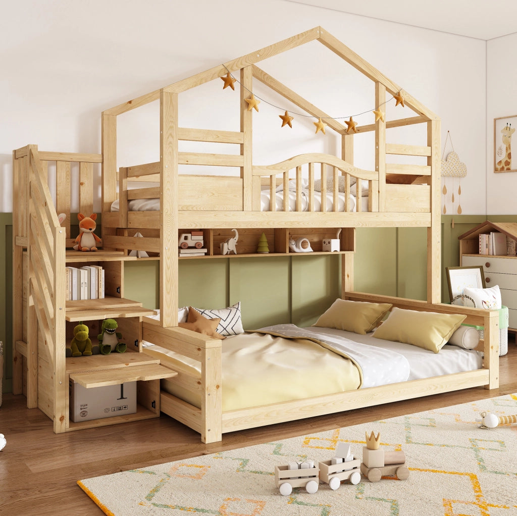 Letto a castello per bambini in legno naturale con scala e guardaroba integrato 90x200/140x200 cm, design sicuro e funzionale