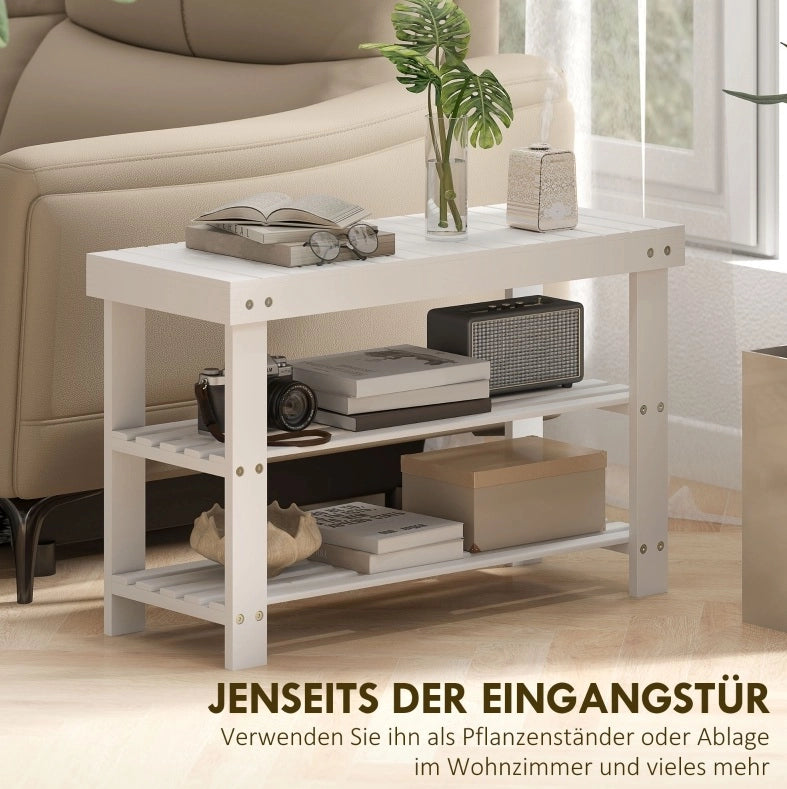 Panca Porta Scarpe in Bambù con 2 Ripiani, 70x28x45 cm, Bianco